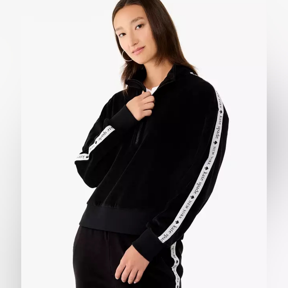 NWT Kate Spade 1/4 Zip Cropped Velor Black Sweatshirt with Logo Sleeve - Sz XL - Picture 2 of 9
